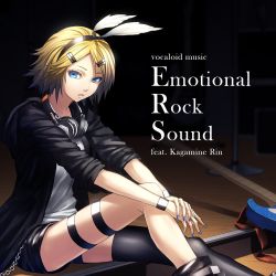 Rule 34 | 1girl, album cover, blonde hair, blue eyes, blue nails, bow, chain, character name, commentary request, copyright name, cover, cropped, dark background, english text, guitar, hair bow, hair ornament, hairclip, hands on own knee, headphones, headphones around neck, instrument, jacket, kagamine rin, legband, legs, looking at viewer, nail, nail polish, parted bangs, short hair, short shorts, shorts, sitting, solo, sugi 214, thigh strap, title, vocaloid