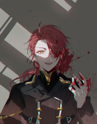Rule 34 | 1boy, black shirt, blood, cain knightley, gloves, hair over one eye, highres, hitokoto, long hair, long sleeves, low ponytail, mahoutsukai no yakusoku, male focus, one eye covered, open mouth, red hair, shirt, smile, solo, teeth, white gloves, yellow eyes