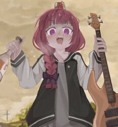 Rule 34 | @ @, absurdres, alcohol, alcohol carton, bass guitar, blush, bocchi the rock!, bottle, braid, dress, drooling, from below, full-face blush, green dress, hair over shoulder, highres, hiroi kikuri, holding, holding bass guitar, holding bottle, holding instrument, instrument, jacket, long hair, looking at viewer, looking down, low-braided long hair, low-tied long hair, mouth drool, multicolored clothes, multicolored jacket, naaga sonomono, open mouth, outdoors, purple eyes, purple hair, sake, sharp teeth, single braid, teeth, two-tone jacket, v-shaped eyebrows