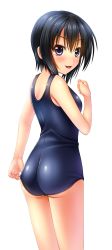 Rule 34 | 1girl, :3, ass, bad id, bad pixiv id, bare arms, bare shoulders, black eyes, black hair, cowboy shot, from behind, from side, hair between eyes, looking at viewer, noshimasa, one-piece swimsuit, original, school swimsuit, short hair, simple background, solo, swimsuit