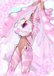 Rule 34 | 1girl, :3, alternate color, animal nose, black sclera, blue background, blurry, blush, body fur, border, bouquet, bridal veil, bride, brown fur, buck teeth, clothed pokemon, colored sclera, creatures (company), crotchless, crotchless pantyhose, depth of field, dutch angle, female focus, flat chest, floral print, flower, fumirumochigashin, furry, furry female, game freak, gen 4 pokemon, gradient background, hands up, happy, highres, holding, holding bouquet, lace trim, long sleeves, lopunny, mega stone, navel, nintendo, nose blush, open mouth, pantyhose, pink border, pink eyes, pink fur, pink pantyhose, pokemon, pokemon (creature), rabbit ears, rabbit girl, rabbit tail, see-through, shiny pokemon, shrug (clothing), smile, solo, sparkle, standing, stomach, teeth, thighs, two-tone background, two-tone fur, veil, white flower
