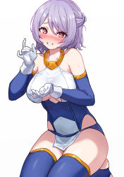 Rule 34 | 1girl, absurdres, blue thighhighs, blush, breasts, character request, clothing cutout, detached sleeves, fellatio gesture, gloves, hands up, heart, heart-shaped pupils, highres, looking at viewer, medium breasts, megami device, pelvic curtain, pink eyes, purple hair, seiza, short hair, simple background, sitting, solo, symbol-shaped pupils, taotao, thighhighs, white background, white gloves