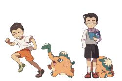Rule 34 | 2boys, aged down, book, brothers, brown footwear, brown hair, clenched hands, closed eyes, commentary, creatures (company), cufant, game freak, gen 8 pokemon, green eyes, green footwear, grey vest, grin, holding, holding book, knees, male focus, multiple boys, nintendo, orange shorts, peony (pokemon), pokemon, pokemon (creature), pokemon swsh, reading, rose (pokemon), running, shirt, shoes, short hair, short sleeves, shorts, siblings, smile, socks, ssalbulre, standing, t-shirt, teeth, vest, white shirt, white socks