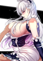 Rule 34 | 1boy, 1girl, akeyama kitsune, areola slip, azur lane, belfast (azur lane), blue eyes, blush, braid, breasts, breasts out, french braid, frills, girl on top, grabbing, grabbing another&#039;s breast, hair over breasts, hetero, implied sex, large breasts, long hair, maid headdress, open mouth, sex, solo focus, white hair