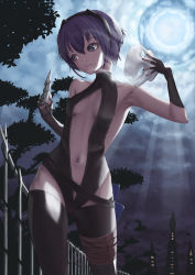Rule 34 | 1girl, absurdres, armpits, between fingers, black gloves, black hairband, black leotard, black nails, black pantyhose, blue eyes, breasts, cleavage, cloud, cloudy sky, dark-skinned female, dark skin, day, fate/prototype, fate/prototype: fragments of blue and silver, fate (series), fingerless gloves, from below, gloves, hair between eyes, hairband, hassan of serenity (fate), head tilt, highres, holding, holding knife, holding mask, knife, knives between fingers, leotard, lowleg, lowleg pantyhose, mask, nail polish, nekobell, night, outdoors, pantyhose, purple hair, revealing clothes, short hair, sky, small breasts, solo, standing