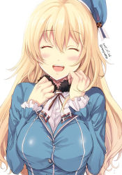 Rule 34 | 10s, 1girl, 2015, :d, ^ ^, ascot, atago (kancolle), beret, blonde hair, blush, breasts, closed eyes, dated, facing viewer, frilled sleeves, frills, happy, hat, kantai collection, large breasts, long hair, military, military uniform, open mouth, simple background, smile, solo, tomozo kaoru, twitter username, uniform, upper body, white background