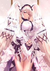 Rule 34 | 1girl, absurdly long hair, absurdres, armpits, arms up, azur lane, black choker, black neckwear, black sailor collar, bow, breasts, choker, clothing cutout, dress, dress bow, dress flower, feather dress, formidable (azur lane), formidable (timeless classics) (azur lane), front slit, highres, large breasts, long hair, navel cutout, official alternate costume, platinum blonde hair, red eyes, sailor collar, seabread, sleeveless, sleeveless dress, solo, two-tone dress, two-tone ribbon, veil, very long hair, white dress