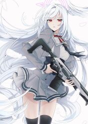 Rule 34 | 1girl, black thighhighs, blue archive, feathered wings, feathers, grey skirt, gun, halo, head wings, highres, holding, holding gun, holding weapon, long hair, long sleeves, parted lips, pasta bar415, red eyes, school uniform, simple background, single head wing, skirt, solo, suzumi (blue archive), thighhighs, twitter username, very long hair, weapon, white background, white hair, white wings, wings