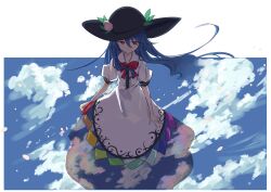Rule 34 | 1girl, absurdres, black hat, blue hair, blue skirt, blue sky, bow, center frills, closed mouth, cloud, cloudy sky, dress, food, frills, fruit, hair between eyes, hat, highres, hinanawi tenshi, leaf, long hair, looking at viewer, outdoors, peach, puffy short sleeves, puffy sleeves, rainbow order, red bow, red eyes, short sleeves, skirt, sky, smile, solo, touhou, uzumibi