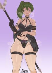 Rule 34 | 1girl, absurdres, bare shoulders, black dress, blush, breasts, choker, cleavage, dress, green hair, hair between eyes, highres, looking at viewer, medium breasts, panties, purple eyes, pussy juice, pussy juice drip through clothes, pussy juice trail, side ponytail, smile, solo, sousou no frieren, squishlewds, steam, steaming body, thick thighs, thighs, ubel (sousou no frieren), underwear