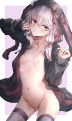Rule 34 | 1girl, 3:, ahoge, animal hood, arm up, bar censor, black jacket, blush, border, bracelet, censored, closed mouth, coat, collarbone, contrapposto, cowboy shot, flat chest, hand on own cheek, hand on own face, highres, hood, hood up, hooded jacket, jacket, jewelry, long sleeves, looking at viewer, naked coat, navel, nipples, open clothes, open jacket, outside border, purple eyes, purple hair, purple thighhighs, pussy, rabbit hood, safutsuguon, short hair with long locks, sidelocks, solo, stomach, striped clothes, striped thighhighs, sweat, thighhighs, vertical-striped clothes, vertical-striped thighhighs, vocaloid, voiceroid, white border, yuzuki yukari