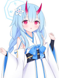 Rule 34 | 1girl, absurdres, blue archive, blue hair, blush, braid, chise (blue archive), detached sleeves, flower, hair between eyes, hair flower, hair ornament, halo, highres, horns, japanese clothes, long hair, long sleeves, looking at viewer, low twin braids, nimonomono, open mouth, simple background, solo, twin braids