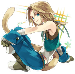 Rule 34 | 00s, 1boy, androgynous, bandages, bare shoulders, blonde hair, blue eyes, boots, character name, dissidia final fantasy, final fantasy, final fantasy ix, gloves, hiyo kiki, looking at viewer, male focus, ponytail, sitting, solo, tail, zidane tribal