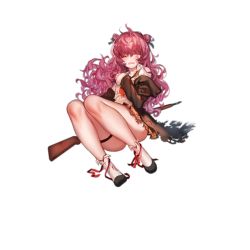 Rule 34 | 1girl, ahoge, ascot, ass, black jacket, bolt action, bow, crying, full body, girls&#039; frontline, gun, hair intakes, hair ribbon, hand on own chest, jacket, legs, long hair, looking at viewer, mauser 98, messy hair, off shoulder, official art, one eye closed, pink eyes, pink hair, red bow, ribbon, rifle, shirt, sitting, sleeves past wrists, solo, striped ribbon, tailcoat, thigh strap, thighs, torn clothes, torn ribbon, torn shirt, transparent background, wavy hair, weapon, wz.29 (girls&#039; frontline), zuizi