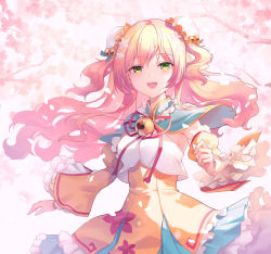 Rule 34 | 1girl, bell, blonde hair, blue dress, branch, bun cover, capelet, cherry blossoms, chocofox, cowboy shot, day, double bun, dress, floral print, flower, frilled dress, frilled sleeves, frills, green eyes, hair bun, hair flower, hair ornament, half-closed eyes, hololive, jacket, jingle bell, long hair, looking at viewer, mixed-language commentary, momosuzu nene, open mouth, outdoors, pink hair, smile, solo, tree, very long hair, virtual youtuber, wavy hair, white background, yellow jacket