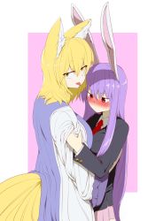 Rule 34 | 2girls, :p, animal ears, blonde hair, breasts, rabbit ears, commentary request, cover, cover page, fox ears, fox tail, large breasts, long hair, long sleeves, looking at another, looking at breasts, looking at viewer, mizuga, multiple girls, multiple tails, necktie, purple hair, reisen udongein inaba, tabard, tail, tongue, tongue out, touhou, very long hair, yakumo ran, yellow eyes, yuri