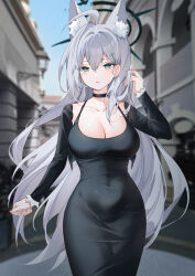 Rule 34 | 1girl, absurdres, ahoge, animal ears, black choker, black dress, blue archive, blue eyes, blurry, blurry background, breasts, choker, cleavage, cross hair ornament, day, dongtan dress, dress, extra ears, grey hair, hair between eyes, hair ornament, highres, large breasts, long hair, long sleeves, meme attire, outdoors, parted lips, shiroko (blue archive), shiroko terror (blue archive), solo, wolf ears, yukineko1018