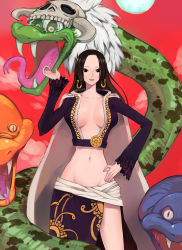 Rule 34 | 1girl, alternate color, amazon lily, amazon warrior, black hair, boa hancock, breasts, cleavage, earrings, groin, jewelry, large breasts, long hair, midriff, navel, one piece, revealing clothes, salome (one piece), sanae (satansanae), skull, snake