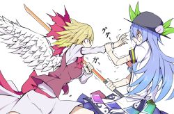 Rule 34 | 2girls, arm grab, battle, blonde hair, blue hair, bow, claws, clenched teeth, crazy eyes, feathered wings, food, fruit, gengetsu (touhou), grabbing, hair bow, hat, hinanawi tenshi, kenii, kenuu (kenny), long hair, multiple girls, peach, red eyes, simple background, sound effects, struggling, surprised, sweatdrop, sword, sword of hisou, teeth, touhou, touhou (pc-98), trembling, weapon, white background, wide-eyed, wings