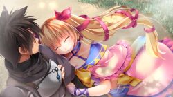 Rule 34 | 1boy, 1girl, ^ ^, arm hug, armor, atelier-moo, black hair, blush, breast rest, breasts, brown hair, capelet, carol (our battle has just begun!), closed eyes, closed mouth, collarbone, detached sleeves, faceless, hair between eyes, hair ribbon, highres, long hair, long sleeves, looking down, narrow waist, oma (our battle has just begun!), our battle has just begun!, pink capelet, red ribbon, ribbon, short hair, smile, standing, twintails, very long hair, yellow ribbon