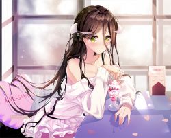 Rule 34 | 1girl, artist name, bare shoulders, blush, bow, brown hair, closed mouth, collarbone, commentary, cup, demon horns, english commentary, green eyes, hair between eyes, heart, heart-shaped pillow, horn bow, horn ornament, horns, kana yukino, long hair, long sleeves, looking at viewer, off-shoulder sweater, off shoulder, overlord (maruyama), parfait, petals, pillow, simple background, smile, solo, sweater, upper body, very long hair, white sweater