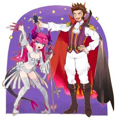 Rule 34 | bad id, bad twitter id, blue eyes, brown hair, dragon horns, elizabeth bathory (fate), facial hair, fate/grand order, fate (series), horns, long hair, looking at viewer, napoleon bonaparte (fate), open mouth, pink hair, shitappa, sideburns, smile, type-moon