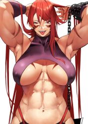 Rule 34 | 1girl, abs, absurdres, armpits, arms behind head, arms up, bare arms, bare shoulders, biceps, black pants, blonde hair, body markings, breasts, collarbone, covered erect nipples, facepaint, fuuma kotarou (tenkaichi), gradient hair, halterneck, highres, large breasts, long hair, looking at viewer, multicolored hair, muscular, muscular female, navel, open mouth, pants, red eyes, red hair, revealing clothes, smile, solo, tenkaichi nihon saikyou bugeisha ketteisen, toned, tongue, tongue out, underboob, yoshio (55level)