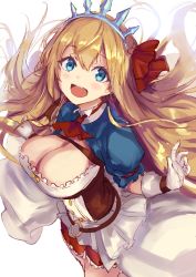 Rule 34 | 1girl, ahoge, blue eyes, blue sleeves, blush, breasts, cleavage, gloves, hair ribbon, highres, large breasts, long hair, looking at viewer, nishin (nsn 0822), open mouth, orange hair, pecorine (princess connect!), princess connect!, puffy short sleeves, puffy sleeves, red ribbon, ribbon, short sleeves, shrug (clothing), simple background, smile, solo, tiara, white background, white gloves