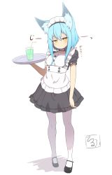 Rule 34 | 1girl, absurdres, alternate costume, animal ear fluff, animal ears, apron, bendy straw, black dress, blue hair, blush, closed mouth, cup, dress, drink, drinking glass, drinking straw, enmaided, frilled apron, frills, full body, hair between eyes, hand up, highres, holding, holding tray, idaten93, long hair, maid, maid headdress, original, pantyhose, puffy short sleeves, puffy sleeves, shadow, short sleeves, solo, standing, terufu-chan, tray, white apron, white background, white pantyhose, yellow eyes