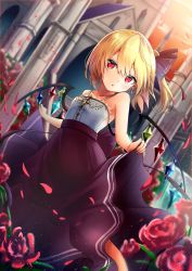 Rule 34 | 1girl, alternate costume, bare arms, bare shoulders, black ribbon, black skirt, blonde hair, breasts, building, clothes lift, collarbone, commentary request, dutch angle, flandre scarlet, flower, hair between eyes, hair ribbon, highres, lifted by self, looking at viewer, no headwear, no headwear, orange sky, parted lips, petals, red eyes, red flower, red rose, renka (cloudsaikou), ribbon, rose, short hair, side ponytail, skirt, skirt lift, sky, slit pupils, small breasts, solo, spaghetti strap, touhou, wings