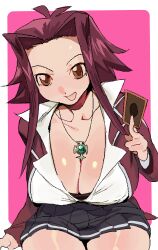 Rule 34 | 1girl, absurdres, black skirt, border, breasts, card, cleavage, cowboy shot, highres, holding, holding card, izayoi aki, jacket, jewelry, large breasts, long sleeves, looking at viewer, necklace, open mouth, pink background, pleated skirt, red eyes, red jacket, sidelocks, skirt, solo, white border, whoopsatro, yu-gi-oh!, yu-gi-oh! 5d&#039;s