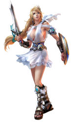 Rule 34 | 1girl, absurdres, armor, armored dress, blonde hair, blonde twist, blue eyes, boots, braid, breasts, cleavage, elk shield, feet, floating clothes, full body, gladiator sandals, goddess bracelet, goddess guards, goddess headdress, goddess robe, highres, holding, holding sword, holding weapon, kawano takuji, knee boots, large breasts, legs, long hair, long legs, official art, omega sword, sandals, see-through, shield, sideboob, simple background, single braid, solo, sophitia alexandra, soul calibur, soulcalibur, soulcalibur iv, standing, sword, thighs, weapon, white background