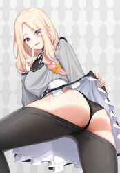 1girl absurdres ass black_panties black_pantyhose black_skirt blonde_hair blush braid clothes_pull finger_to_mouth gakuen_idolmaster grey_shirt hear_(kpmf4732) highres idolmaster juo_sena looking_at_viewer micro_panties panties pantyhose pantyhose_pull patterned_background purple_eyes shirt skirt smile solo underwear