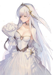 Rule 34 | 1girl, anastasia (fate), arm behind back, blush, bouquet, bow, breasts, bridal veil, bride, cape, choker, cleavage, closed mouth, collarbone, dress, elbow gloves, fate/grand order, fate (series), female focus, flower, gloves, green eyes, holding, holding bouquet, medium breasts, ritsuki, rose, signature, silver hair, simple background, smile, solo, straight hair, strapless, strapless dress, veil, wedding dress, white background, white bow, white cape, white flower, white gloves, white rose, white theme