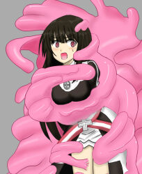 Rule 34 | 1girl, amulet, bdsm, black dress, black hair, blunt bangs, bondage, bound, breasts, cross, cross necklace, dress, grey background, highres, impossible clothes, jewelry, kilmaria aideen, long hair, medium breasts, necklace, open mouth, pink eyes, shining (series), shining ark, shining world, skirt, sunny-punch, tentacles, white skirt