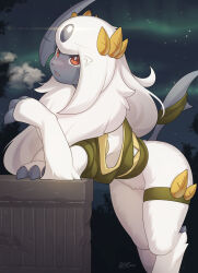 Rule 34 | 1girl, absol, absurdres, animal hands, animal nose, arm strap, artist name, aurora, blue sky, blush, body fur, bottomless, bright pupils, claws, clothed pokemon, clothing cutout, colored skin, crack, creatures (company), dated, female focus, from side, furry, furry female, game freak, gen 3 pokemon, green ribbon, green shirt, grey horns, grey skin, hair ornament, hand up, highres, horns, leaf hair ornament, leaning forward, legs, long hair, looking up, neck fur, night, nintendo, nose blush, open mouth, outdoors, pokemon, pokemon (creature), pokemon unite, red eyes, ribbon, shirt, sidelocks, signature, single horn, skindentation, sky, solo, star (sky), tail, tail ornament, tail ribbon, thigh strap, thighs, tree, white fur, white hair, white pupils, zinfyu