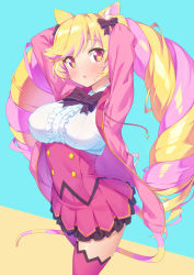 Rule 34 | 1girl, animal ear fluff, animal ears, arms behind head, arms up, black bow, blonde hair, blue background, blush, bow, breasts, brown background, cat ears, cat girl, cat tail, center frills, collared shirt, commentary request, drawstring, frills, hair bow, highres, jacket, kazuma (kazumav), large breasts, long hair, long sleeves, looking at viewer, mashima himeko (show by rock!!), multicolored hair, open clothes, open jacket, parted lips, pink hair, pink jacket, pink lips, pink skirt, pleated skirt, red eyes, shirt, show by rock!!, skirt, solo, sweat, tail, thighhighs, twintails, two-tone background, two-tone hair, very long hair, white shirt