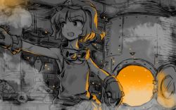 Rule 34 | 1girl, armpits, backlighting, clothes around waist, embers, engine, fire, furnace, gloves, goggles, goggles around neck, hat, kawashiro nitori, limited palette, looking away, machinery, meimaru inuchiyo, one-hour drawing challenge, open mouth, outstretched arm, pointing, short hair, sleeveless, solo, steam, tank top, touhou, two side up