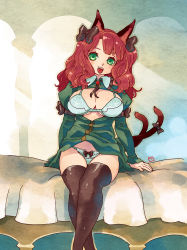 Rule 34 | 1girl, alternate eye color, alternate hairstyle, animal ears, black thighhighs, blush, bow, bow panties, bra, breasts, cat ears, cat tail, cleavage, crossed legs, green eyes, hair bow, highres, kaenbyou rin, large breasts, long hair, looking at viewer, open mouth, panties, red hair, sitting, smile, solo, tail, tail bow, tail ornament, thighhighs, touhou, tsuutenkaaku, underwear