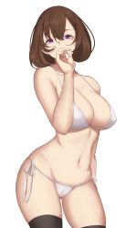 Rule 34 | 1girl, bad id, bad pixiv id, bare arms, bare shoulders, bikini, black thighhighs, breasts, brown hair, cameltoe, cleavage, collarbone, covered erect nipples, covering own mouth, cowboy shot, gluteal fold, gongba laoge, groin, halterneck, hand up, highres, large breasts, looking at viewer, micro bikini, nail polish, navel, original, pink nails, purple eyes, short hair, side-tie bikini bottom, simple background, skindentation, solo, standing, stomach, swimsuit, thighhighs, thighs, white background, white bikini