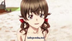 Rule 34 | 1girl, animated, anime screenshot, arms behind back, beach, bikini, breasts, brown eyes, brown hair, cleavage, collarbone, groin, guilty crown, hair ribbon, highres, large breasts, menjou hare, navel, open mouth, pov, red ribbon, ribbon, sand, side-tie bikini bottom, sound, stomach, subtitled, swimsuit, thighs, video, white bikini