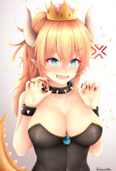 Rule 34 | 1girl, absurdres, anger vein, black collar, black leotard, blonde hair, blue eyes, blush, bowsette, bracelet, breasts, cleavage, collar, commentary request, crown, endsmall min, fangs, fingernails, gradient background, grey background, hair between eyes, highres, horns, jewelry, large breasts, leotard, long fingernails, long hair, mario (series), mini crown, nail polish, new super mario bros. u deluxe, nintendo, nose blush, open mouth, ponytail, red nails, revision, signature, solo, spiked bracelet, spiked collar, spiked tail, spikes, strapless, strapless leotard, super crown, tail, tail raised, v-shaped eyebrows