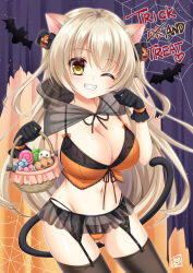 Rule 34 | 1girl, animal ears, basket, bat (animal), blonde hair, blush, bow, breasts, camisole, candy, capelet, cat ears, cat tail, cleavage, food, garter belt, garter straps, gloves, grin, groin, hair bow, hair ornament, halloween, halterneck, highres, holding, holding basket, hood, hooded capelet, jack-o&#039;-lantern, jack-o&#039;-lantern hair ornament, kkurumi, large breasts, lingerie, long hair, microskirt, navel, one eye closed, original, panties, paw pose, see-through, see-through capelet, see-through skirt, silk, skirt, smile, solo, spider web, tail, thighhighs, trick or treat, two side up, underwear, very long hair, yellow eyes