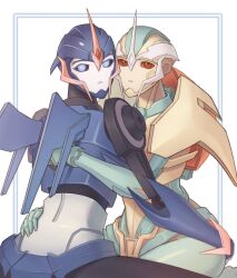 2girls arcee blue_eyes hand_on_another&#039;s_back hand_on_another&#039;s_waist helmet highres hug humanoid_robot jijing5658 mechanical_wings multiple_girls no_humans red_eyes robot robot_girl science_fiction transformers transformers_prime transmutate wings