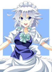 Rule 34 | 1girl, blue eyes, bow, bowtie, braid, breasts, female focus, izayoi sakuya, maid, maid headdress, open mouth, outstretched arms, silver hair, simple background, smile, solo, spread arms, teeth, touhou, twin braids, upper teeth only, warugaki (sk-ii), white background