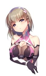 Rule 34 | 1girl, bodysuit, braid, breasts, brown hair, cleavage, copyright request, cropped torso, elbow gloves, gloves, hairband, head tilt, large breasts, looking at viewer, parted lips, purple eyes, short hair, simple background, solo, tareme, tsuyuta kome, twin braids, upper body, white background