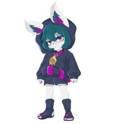 Rule 34 | 1girl, animal ear fluff, animal ears, black hoodie, black shorts, clenched hands, ears through headwear, frown, full body, green hair, hair between eyes, highres, hood, hood up, hoodie, jewelry, league of legends, looking at viewer, nail polish, necklace, nejyu, pink eyes, pink nails, short hair, shorts, simple background, solo, standing, toeless footwear, vex (league of legends), white background, yordle