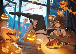 1girl animal_ears asymmetrical_legwear black_panties breasts brown_hair choker cleavage collar elbow_gloves fiery_ears flame-tipped_tail gloves greatodoggo highres indie_virtual_youtuber large_breasts long_hair looking_at_viewer multicolored_hair orange_eyes orange_fire panties sinder_(vtuber) smile solo spiked_choker spiked_collar spikes streaked_hair tail tail_belt tail_strap thighhighs torn_clothes torn_thighhighs underwear undressing unworn_panties virtual_youtuber wolf_ears wolf_girl wolf_tail