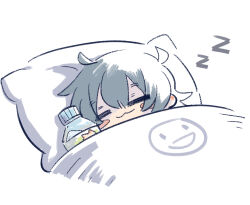 Rule 34 | 1girl, :3, = =, ahoge, blanket, blush stickers, bottle, chibi, chinese commentary, closed eyes, closed mouth, commentary request, g11 (girls&#039; frontline), girls&#039; frontline, grey hair, hair between eyes, holding, holding bottle, long hair, lying, on side, pillow, simple background, sleeping, smile, smiley face, solo, su xiao jei, under covers, white background, zzz