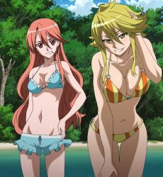 Rule 34 | 2girls, akame ga kill!, bikini, blonde hair, breasts, breasts squeezed together, brown hair, candy, chelsea (akame ga kill!), cleavage, food, highres, large breasts, leone (akame ga kill!), lollipop, long hair, looking at viewer, mouth hold, multiple girls, o-ring, o-ring bikini, o-ring bottom, o-ring top, red eyes, screencap, smile, standing, stitched, striped bikini, striped clothes, swimsuit, thighs, third-party edit, vertical-striped bikini, vertical-striped clothes, yellow eyes